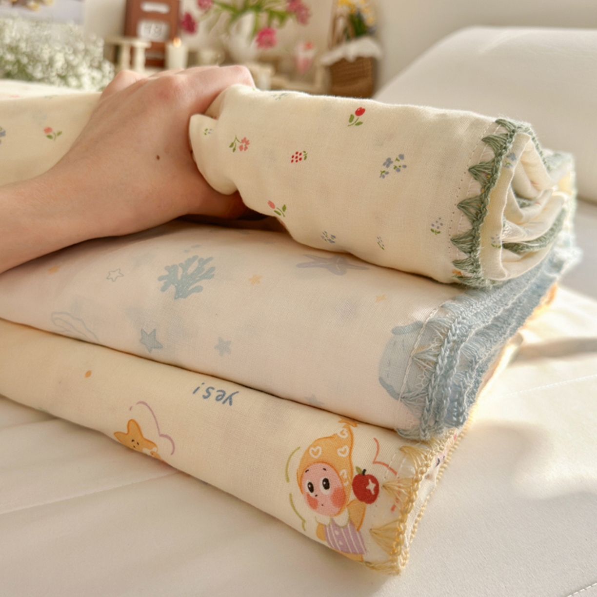 91家纺网 家纺一手货源 找家纺 暖阳 2026新款全棉纯棉双层纱夏季毯盖毯毯子 蝶扑衣