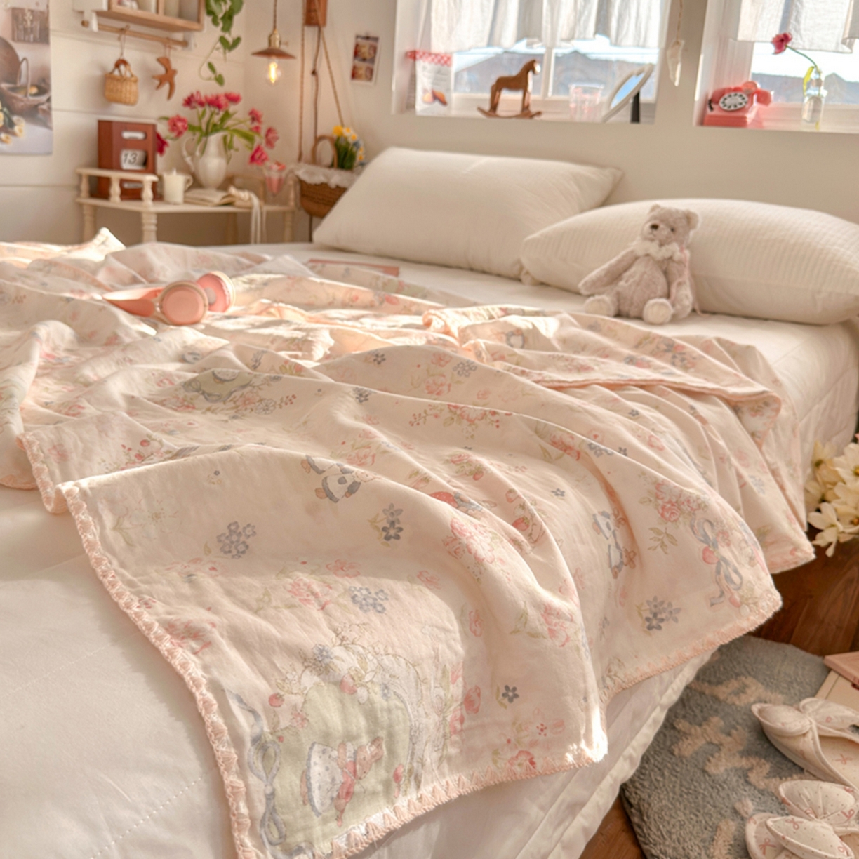 91家纺网 家纺一手货源 找家纺 暖阳 2026新款全棉纯棉双层纱夏季毯盖毯毯子 花境布偶