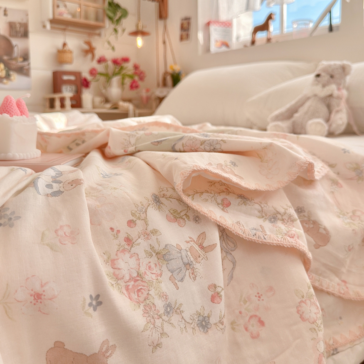 91家纺网 家纺一手货源 找家纺 暖阳 2026新款全棉纯棉双层纱夏季毯盖毯毯子 花境布偶