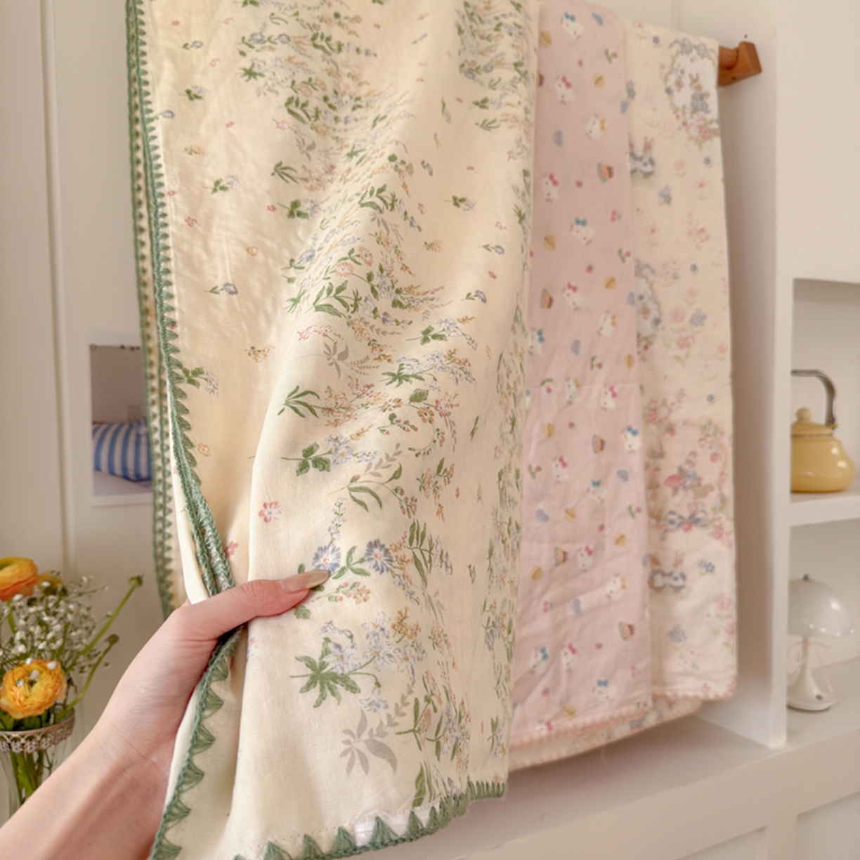 91家纺网 家纺一手货源 找家纺 暖阳 2026新款全棉纯棉双层纱夏季毯盖毯毯子 绿姿