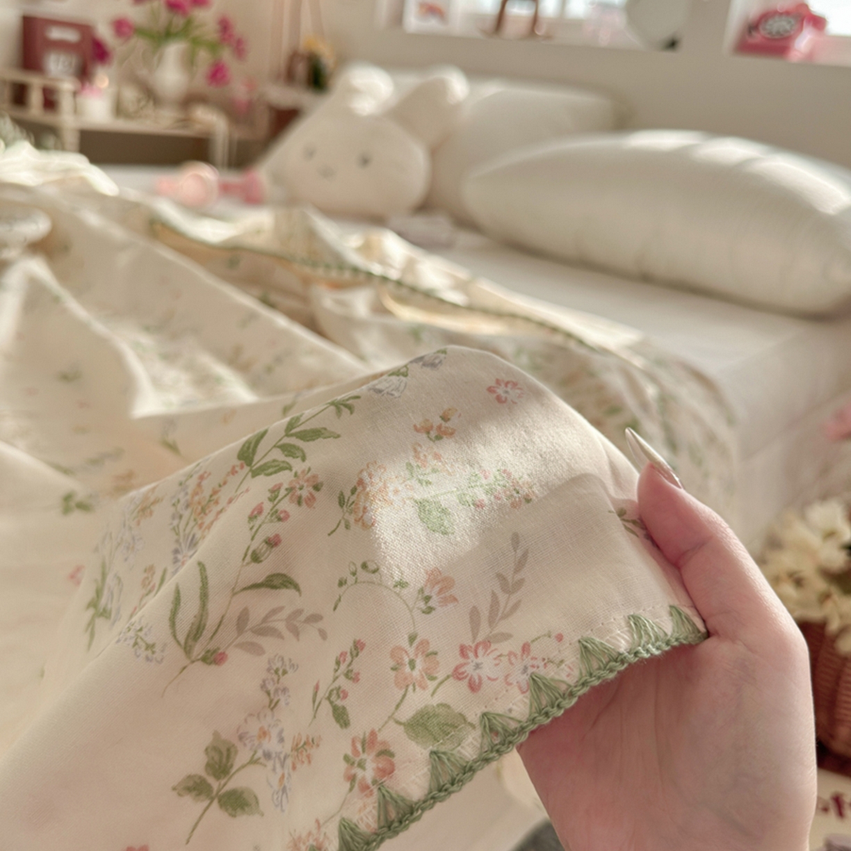 91家纺网 家纺一手货源 找家纺 暖阳 2026新款全棉纯棉双层纱夏季毯盖毯毯子 绿姿