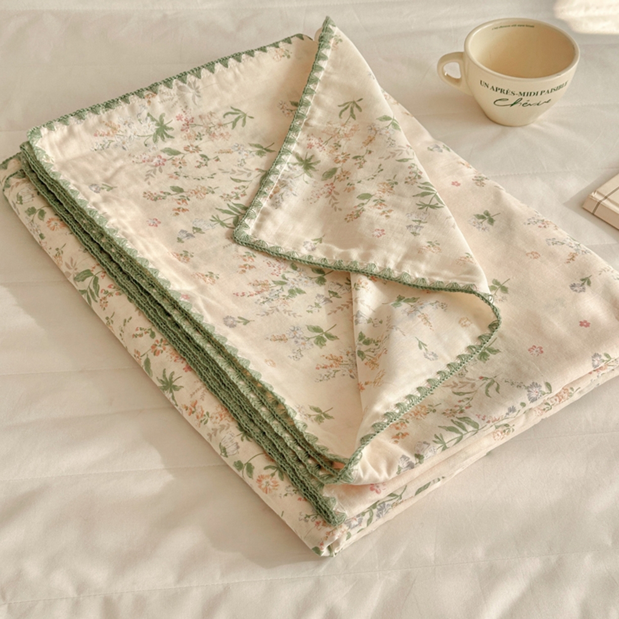 91家纺网 家纺一手货源 找家纺 暖阳 2026新款全棉纯棉双层纱夏季毯盖毯毯子 绿姿