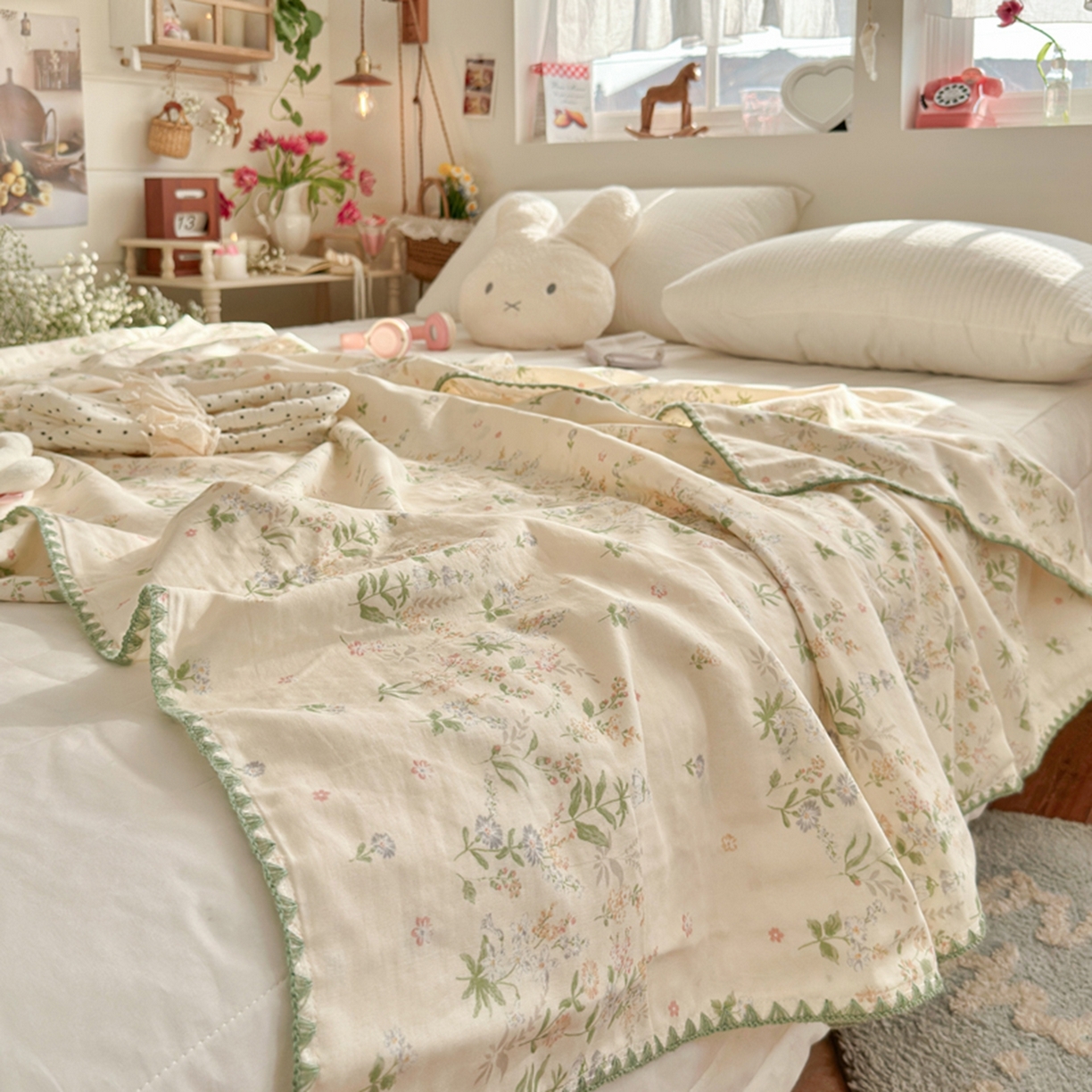 91家纺网 家纺一手货源 找家纺 暖阳 2026新款全棉纯棉双层纱夏季毯盖毯毯子 绿姿