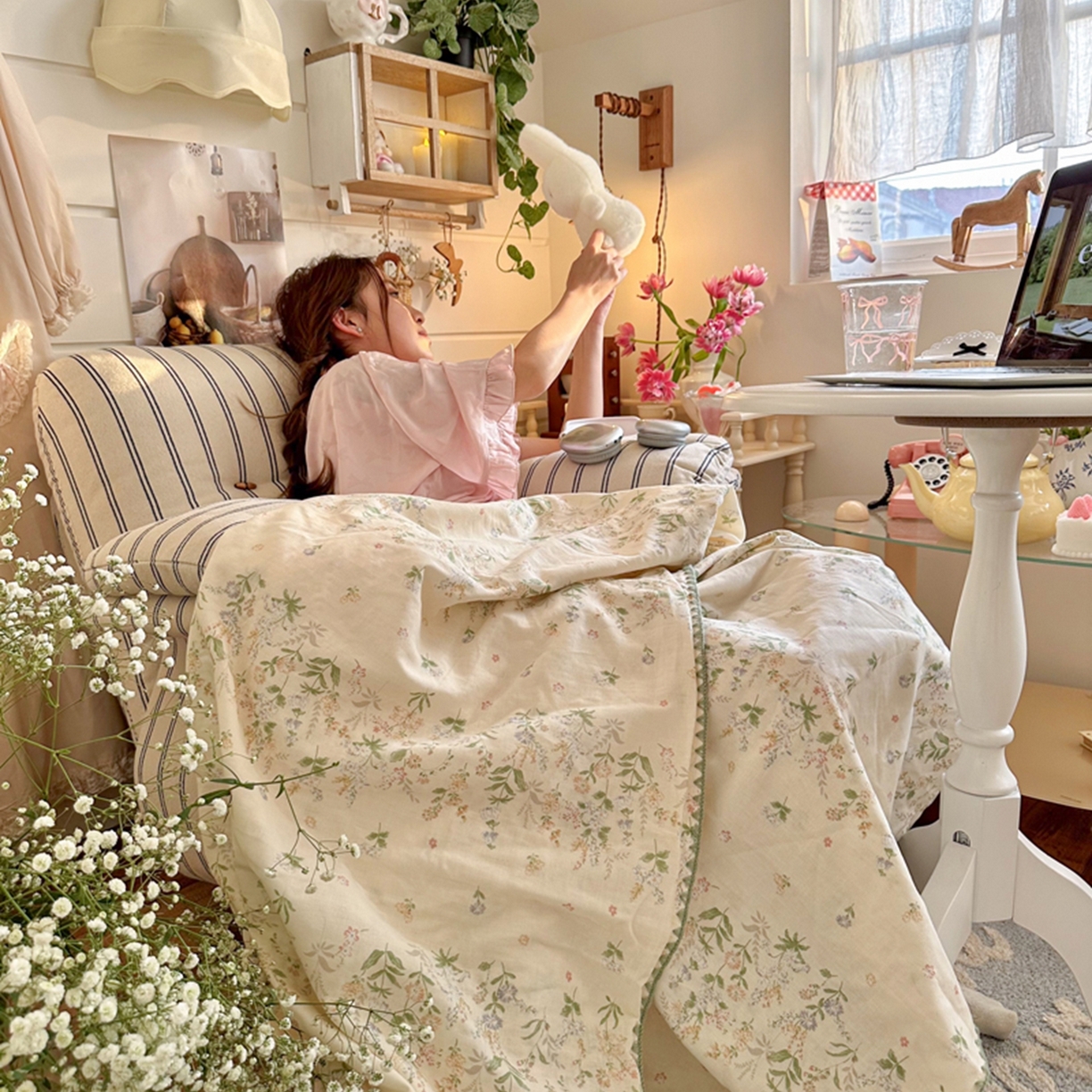 91家纺网 家纺一手货源 找家纺 暖阳 2026新款全棉纯棉双层纱夏季毯盖毯毯子 绿姿