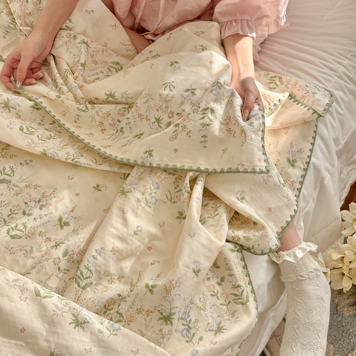 91家纺网 家纺一手货源 找家纺 暖阳 2026新款全棉纯棉双层纱夏季毯盖毯毯子 绿姿