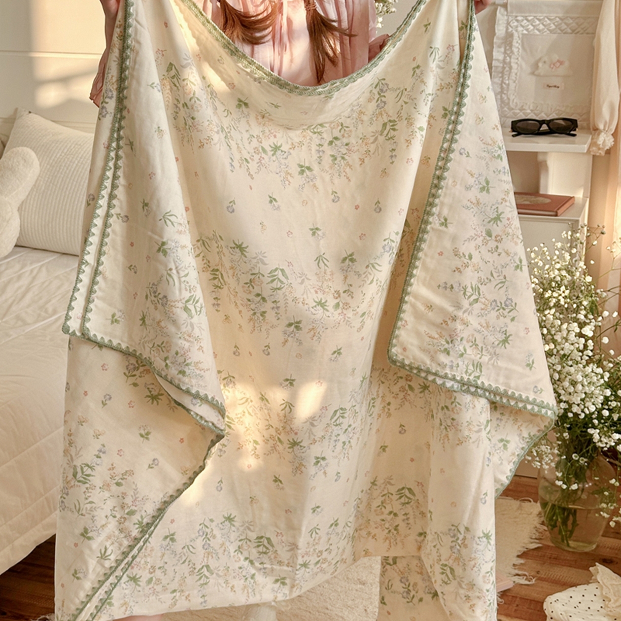 91家纺网 家纺一手货源 找家纺 暖阳 2026新款全棉纯棉双层纱夏季毯盖毯毯子 绿姿