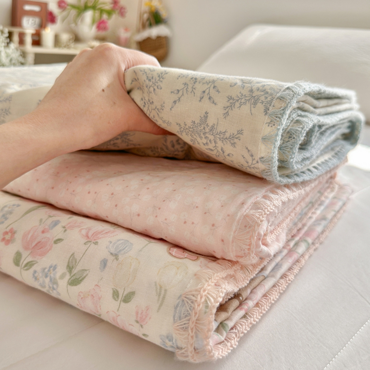 91家纺网 家纺一手货源 找家纺 暖阳 2026新款全棉纯棉双层纱夏季毯盖毯毯子 瑞莎蓝