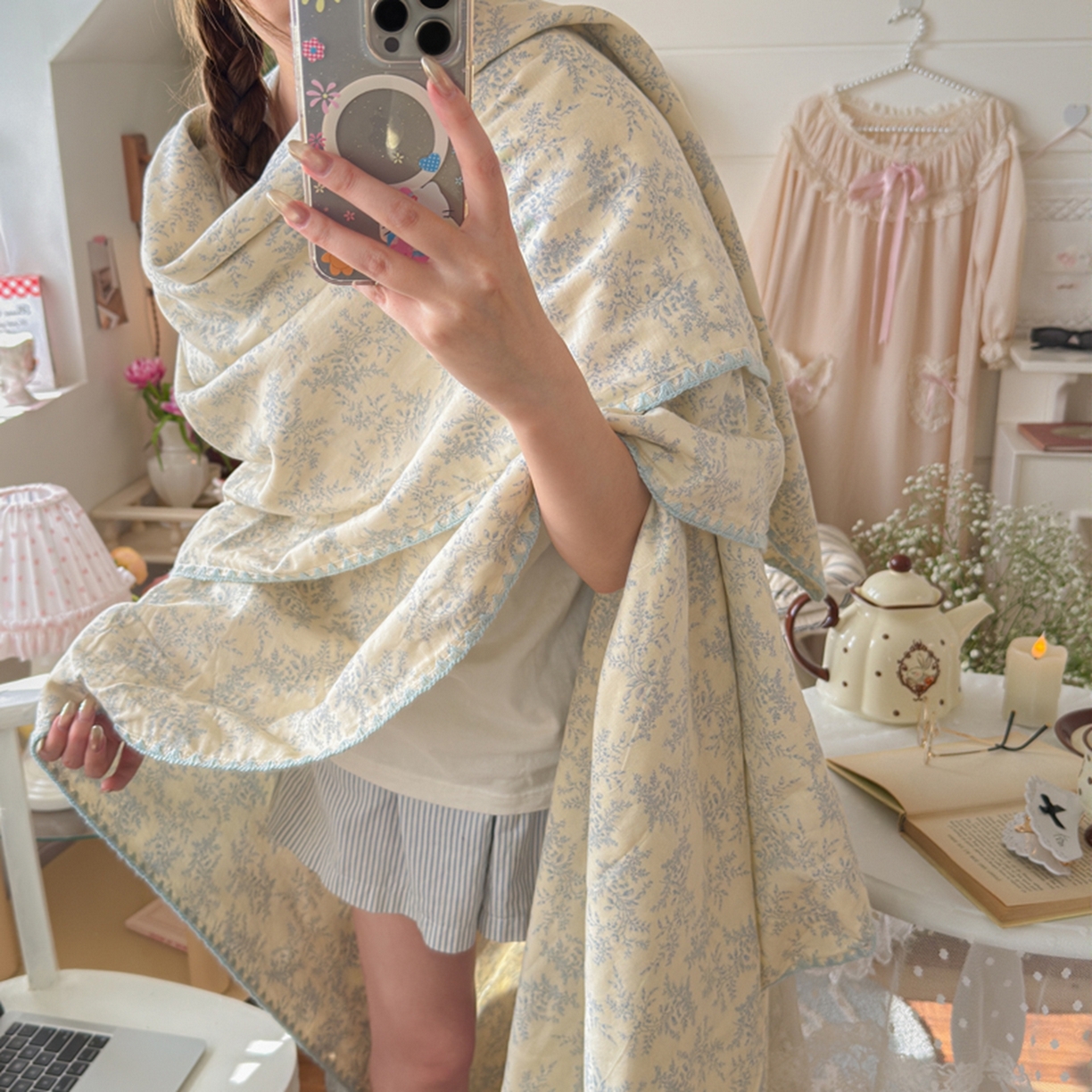 91家纺网 家纺一手货源 找家纺 暖阳 2026新款全棉纯棉双层纱夏季毯盖毯毯子 瑞莎蓝