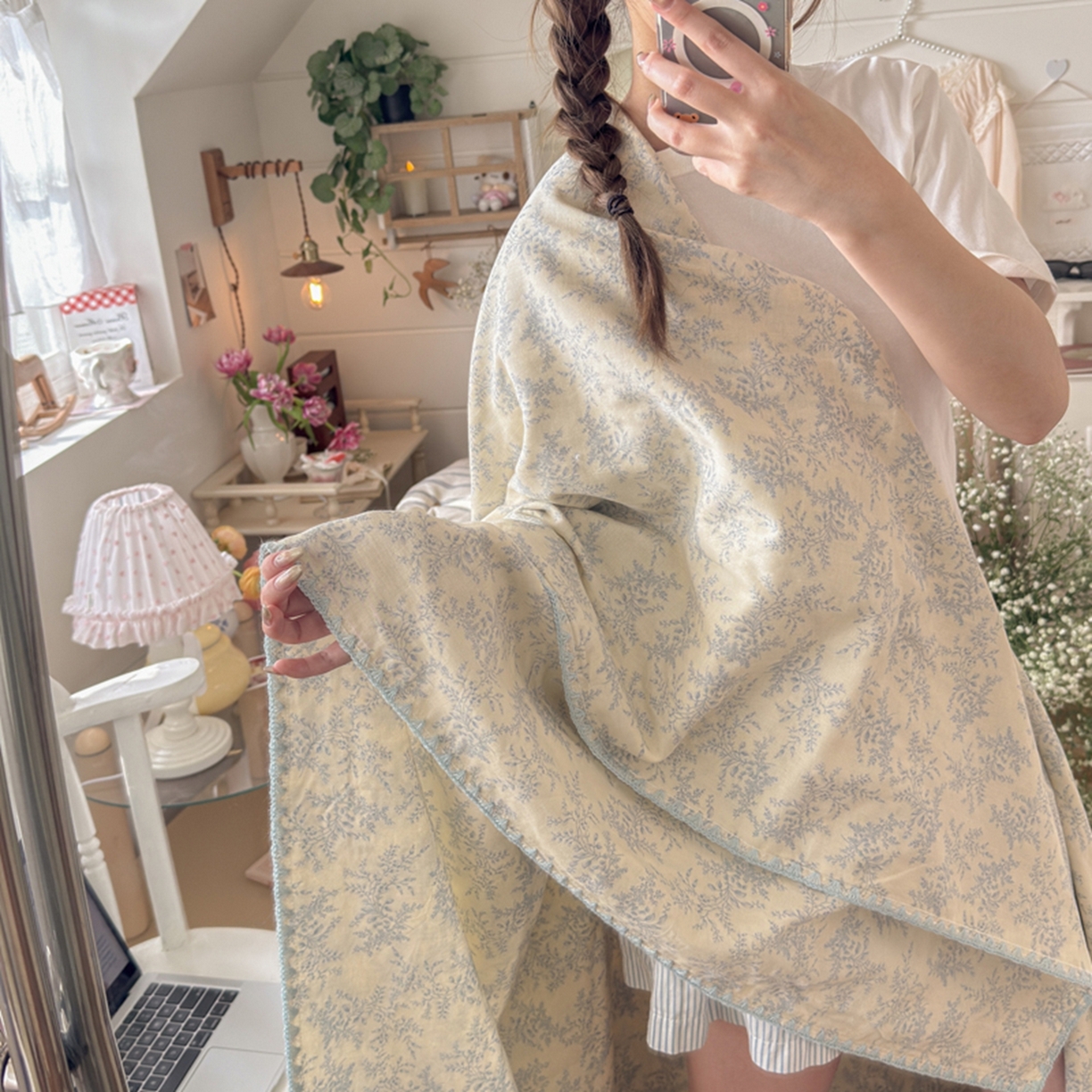 91家纺网 家纺一手货源 找家纺 暖阳 2026新款全棉纯棉双层纱夏季毯盖毯毯子 瑞莎蓝