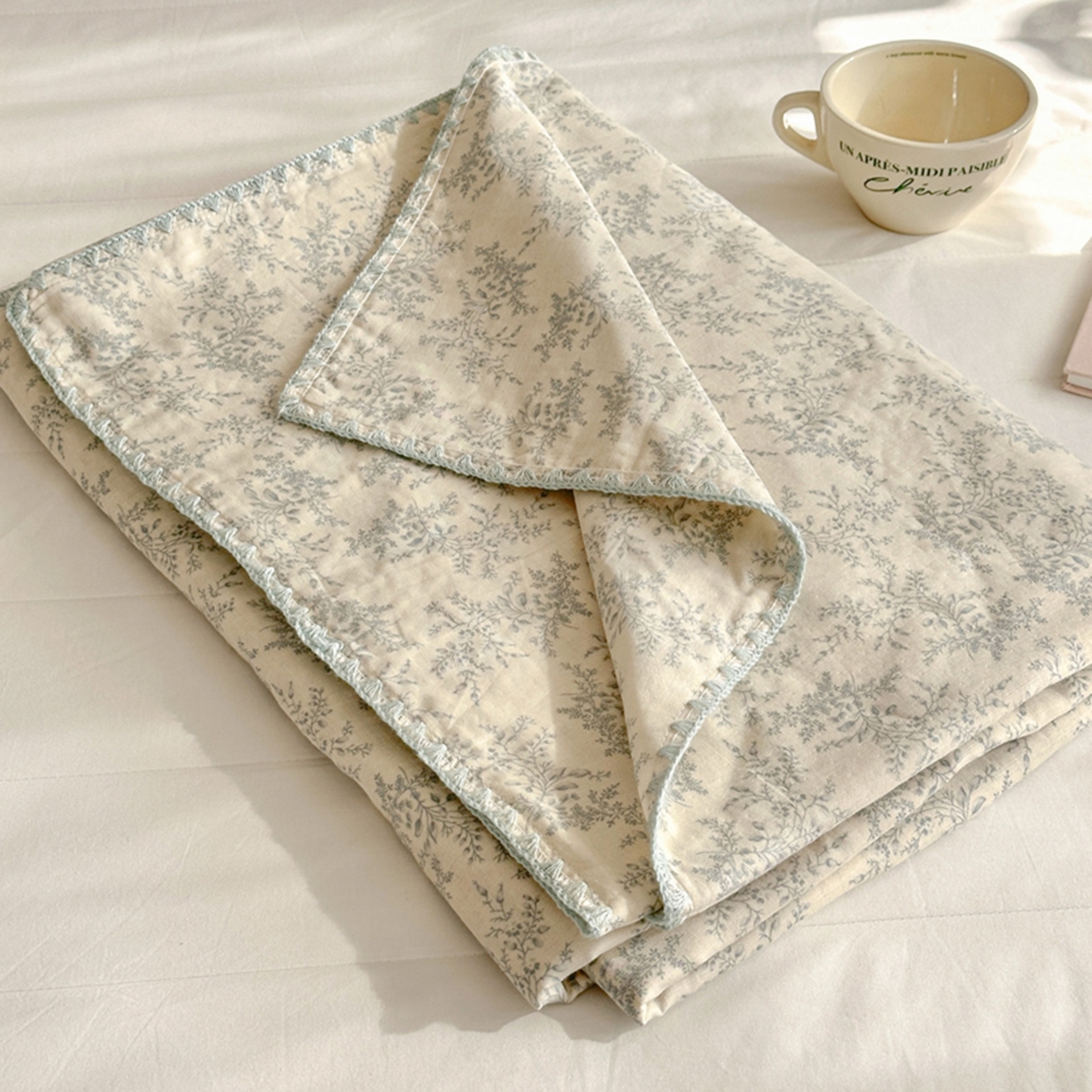 91家纺网 家纺一手货源 找家纺 暖阳 2026新款全棉纯棉双层纱夏季毯盖毯毯子 瑞莎蓝