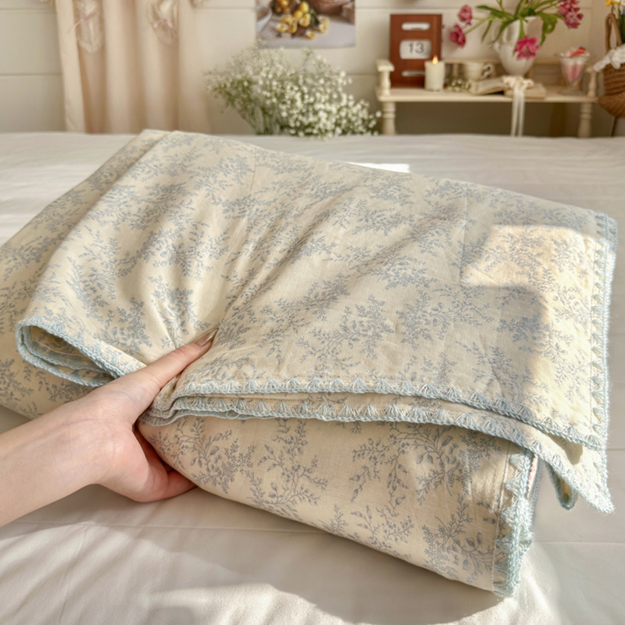 91家纺网 家纺一手货源 找家纺 暖阳 2026新款全棉纯棉双层纱夏季毯盖毯毯子 瑞莎蓝