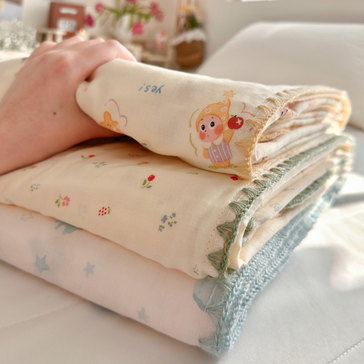 91家纺网 家纺一手货源 找家纺 暖阳 2026新款全棉纯棉双层纱夏季毯盖毯毯子 星仔软糖