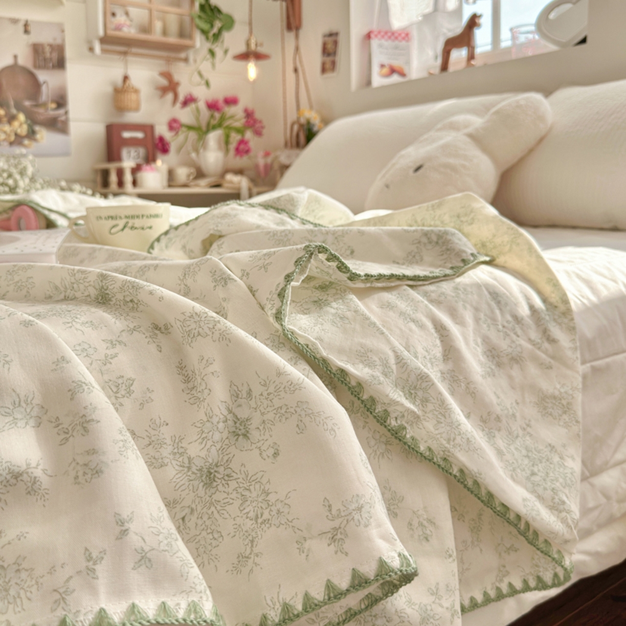 91家纺网 家纺一手货源 找家纺 暖阳 2026新款全棉纯棉双层纱夏季毯盖毯毯子 烟霞漫舞绿