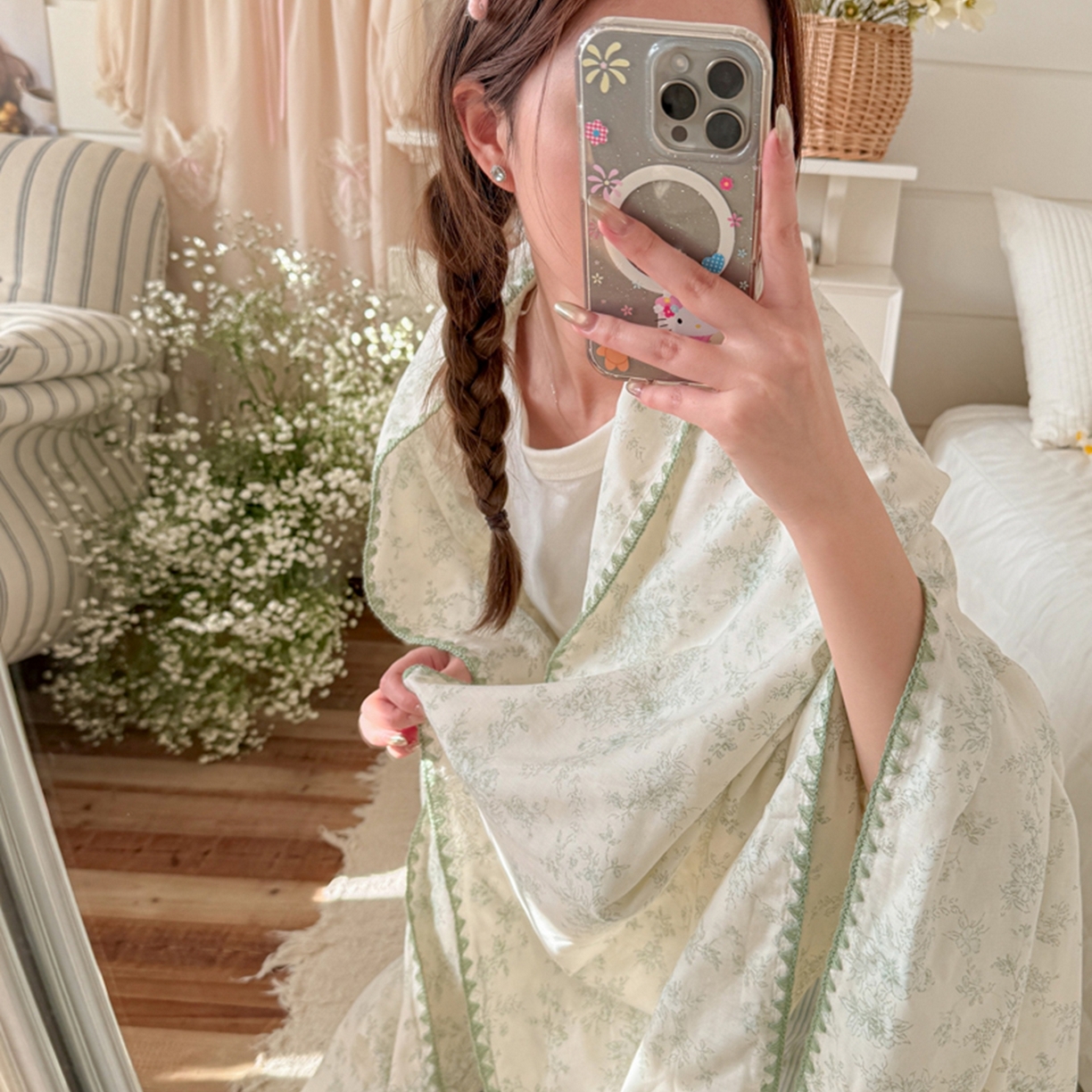 91家纺网 家纺一手货源 找家纺 暖阳 2026新款全棉纯棉双层纱夏季毯盖毯毯子 烟霞漫舞绿