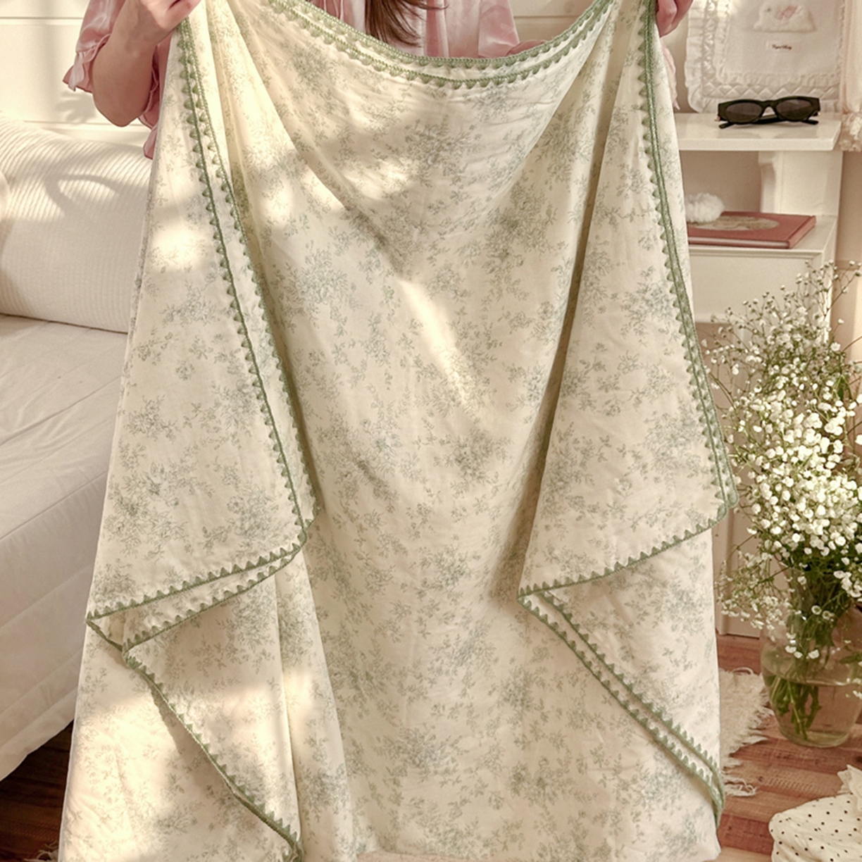 91家纺网 家纺一手货源 找家纺 暖阳 2026新款全棉纯棉双层纱夏季毯盖毯毯子 烟霞漫舞绿