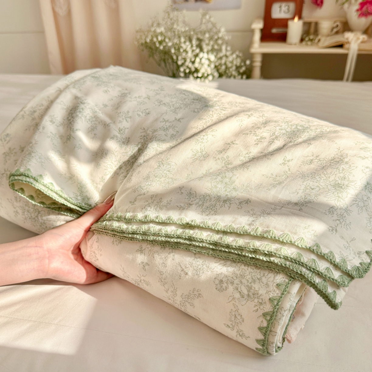 91家纺网 家纺一手货源 找家纺 暖阳 2026新款全棉纯棉双层纱夏季毯盖毯毯子 烟霞漫舞绿