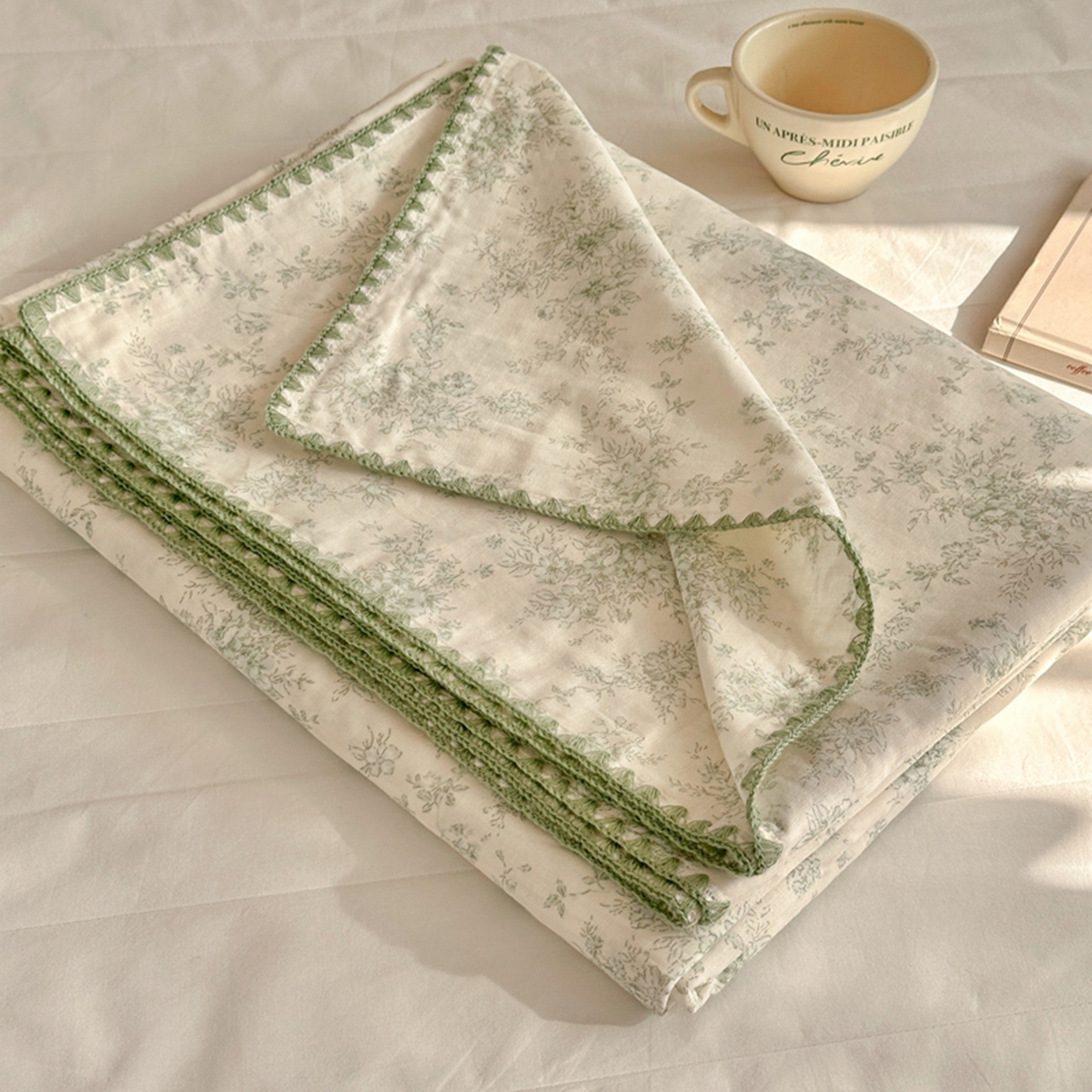 91家纺网 家纺一手货源 找家纺 暖阳 2026新款全棉纯棉双层纱夏季毯盖毯毯子 烟霞漫舞绿