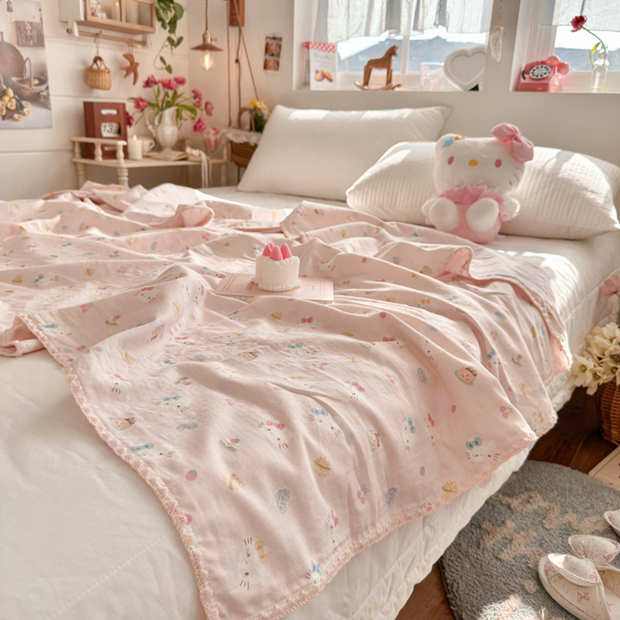 91家纺网 家纺一手货源 找家纺 暖阳 2026新款全棉纯棉双层纱夏季毯盖毯毯子 月铃喵喵