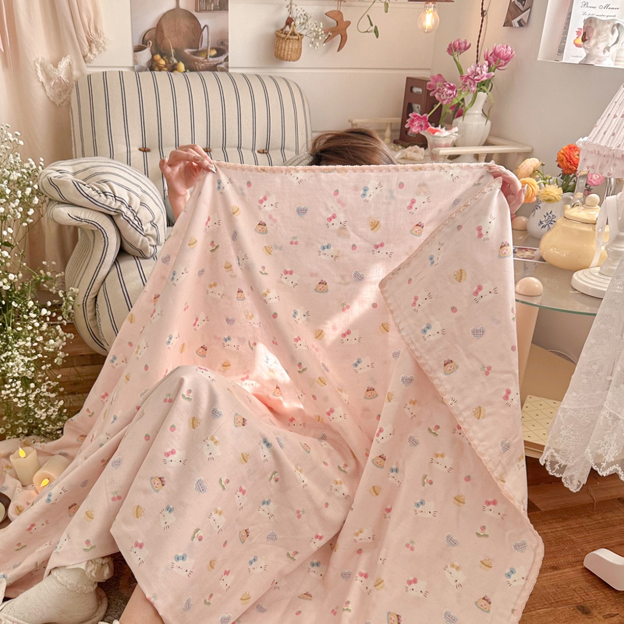 91家纺网 家纺一手货源 找家纺 暖阳 2026新款全棉纯棉双层纱夏季毯盖毯毯子 月铃喵喵