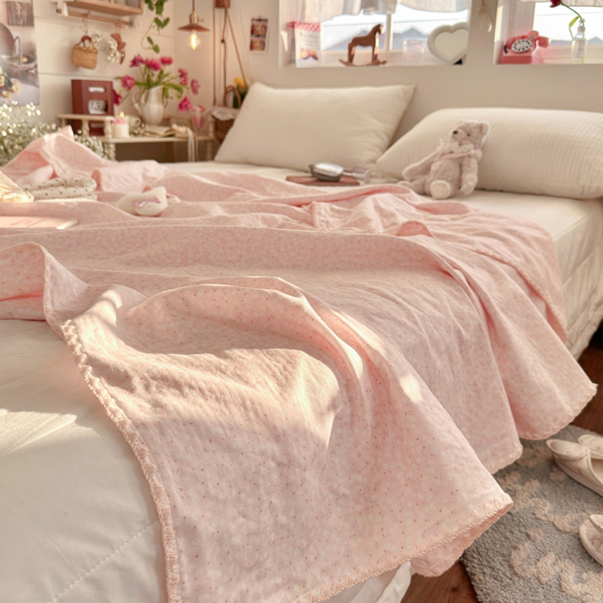 91家纺网 家纺一手货源 找家纺 暖阳 2026新款全棉纯棉双层纱夏季毯盖毯毯子 云棉莓朵粉