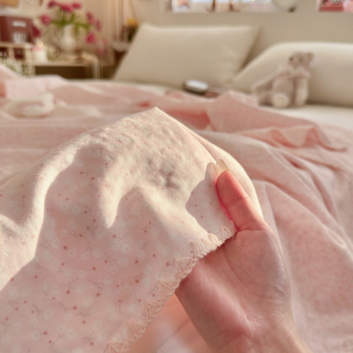91家纺网 家纺一手货源 找家纺 暖阳 2026新款全棉纯棉双层纱夏季毯盖毯毯子 云棉莓朵粉