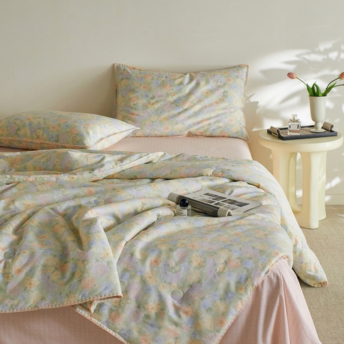 91家纺网 家纺一手货源 找家纺 暖阳 2026新款全棉贝壳边棉花夏被夏凉被空调被 栀子花语