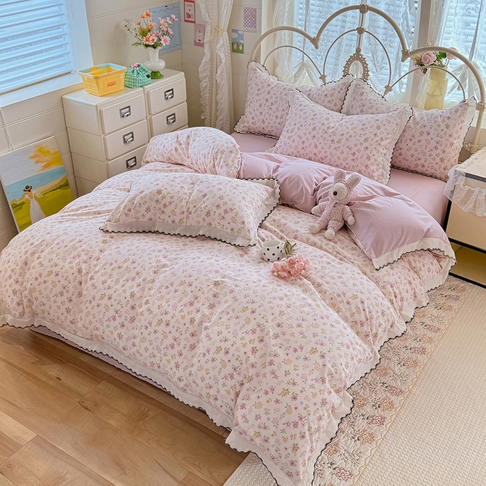 91家纺网 家纺一手货源 找家纺 莉莉安家纺 2026新款古法水洗云感棉印花四件套 古法-粉漾