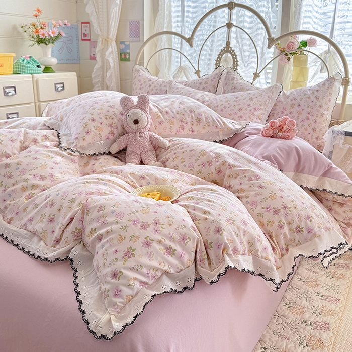 91家纺网 家纺一手货源 找家纺 莉莉安家纺 2026新款古法水洗云感棉印花四件套 古法-粉漾