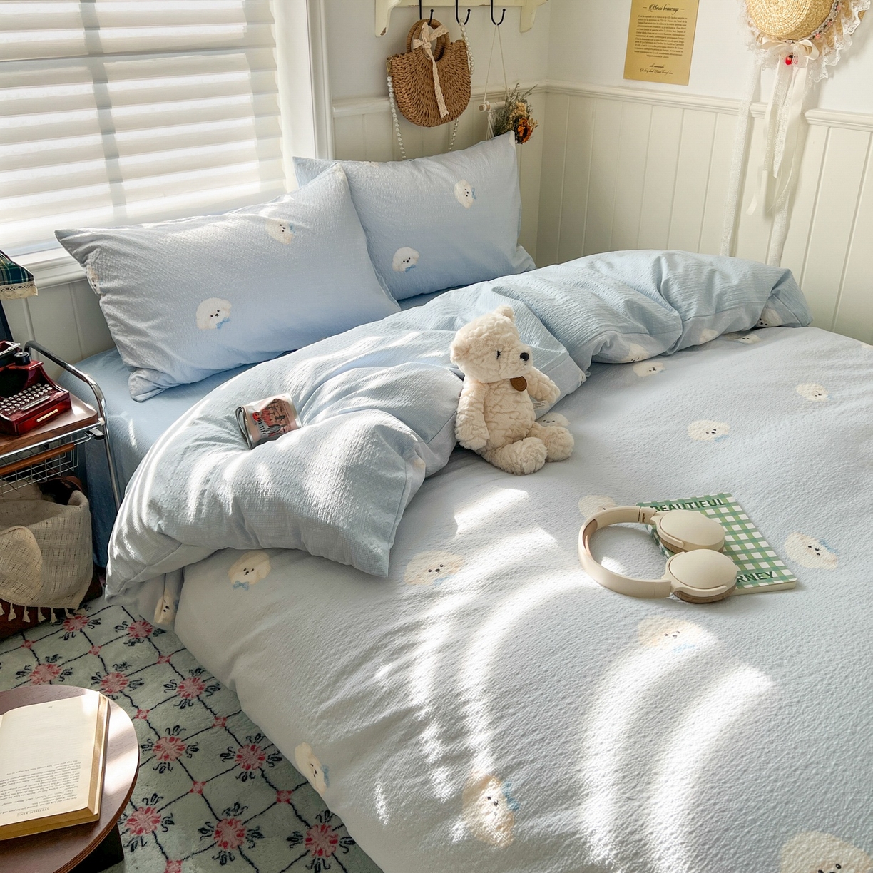 91家纺网 家纺一手货源 找家纺 水木坊 2026春夏新款高品质泡芙普通款四件套 蓝领结狗