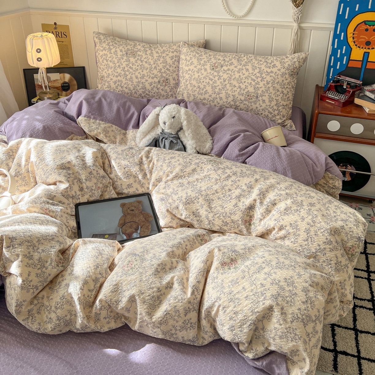 91家纺网 家纺一手货源 找家纺 水木坊 2026春夏新款高品质泡芙普通款四件套 蕾丝花匣