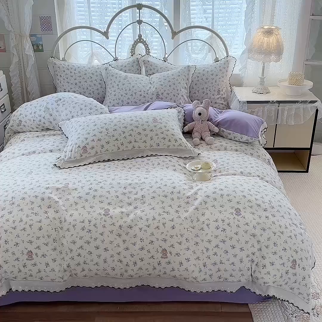 91家纺网 家纺一手货源 找家纺 莉莉安家纺 2026新款古法水洗云感棉印花四件套 古法-花田兔