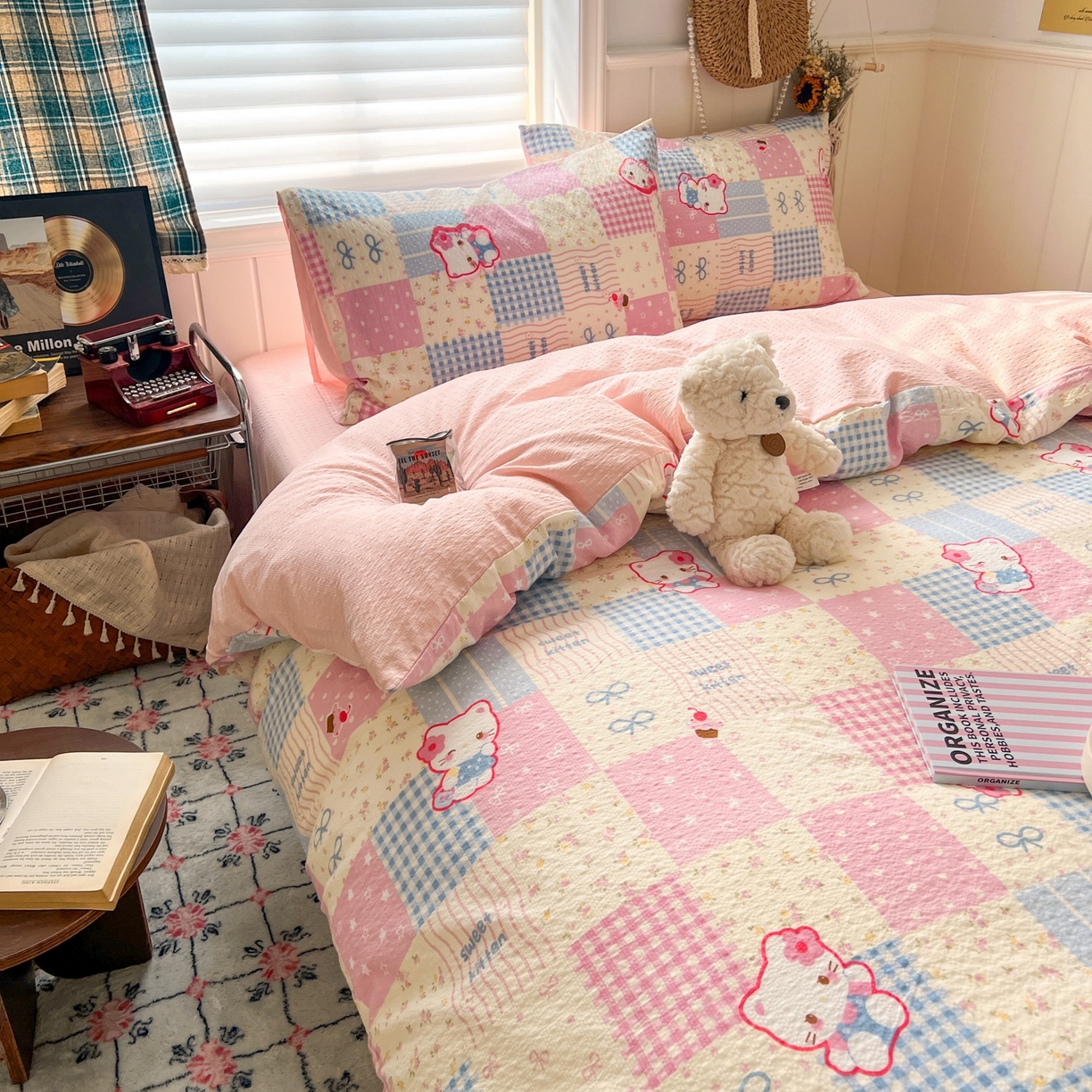 91家纺网 家纺一手货源 找家纺 水木坊 2026春夏新款高品质泡芙普通款四件套 甜喵块块