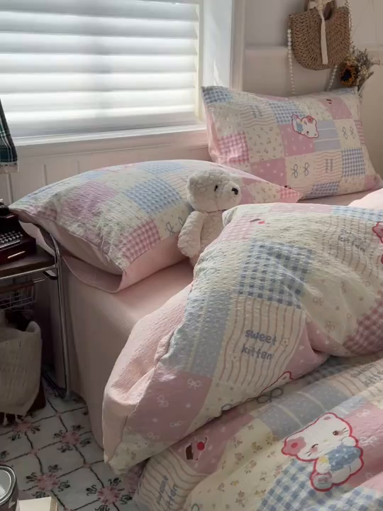 91家纺网 家纺一手货源 找家纺 水木坊 2026春夏新款高品质泡芙普通款四件套 甜喵块块