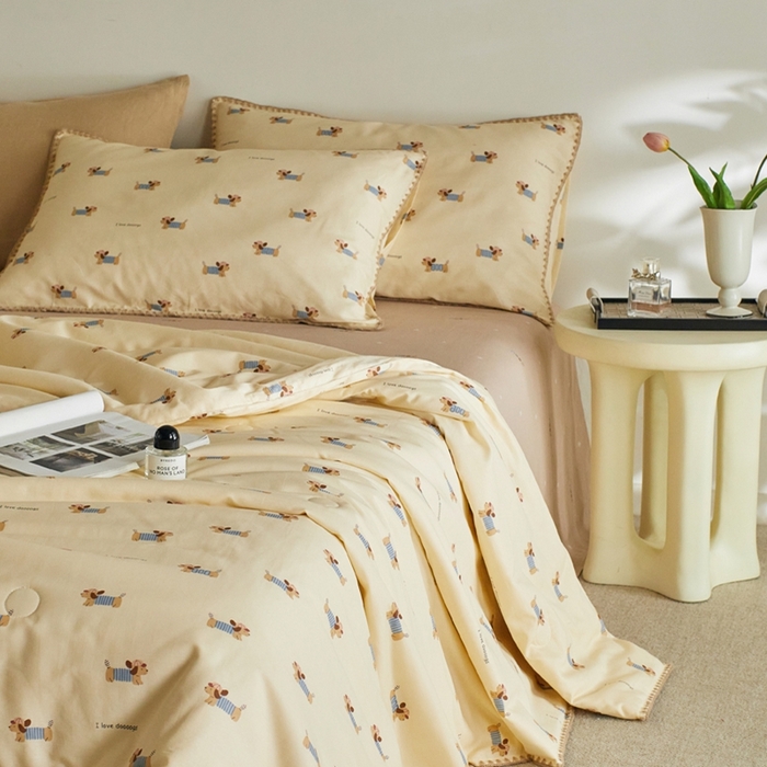 91家纺网 家纺一手货源 找家纺 暖阳 2026新款全棉贝壳边棉花夏被夏凉被空调被 咖色狗狗