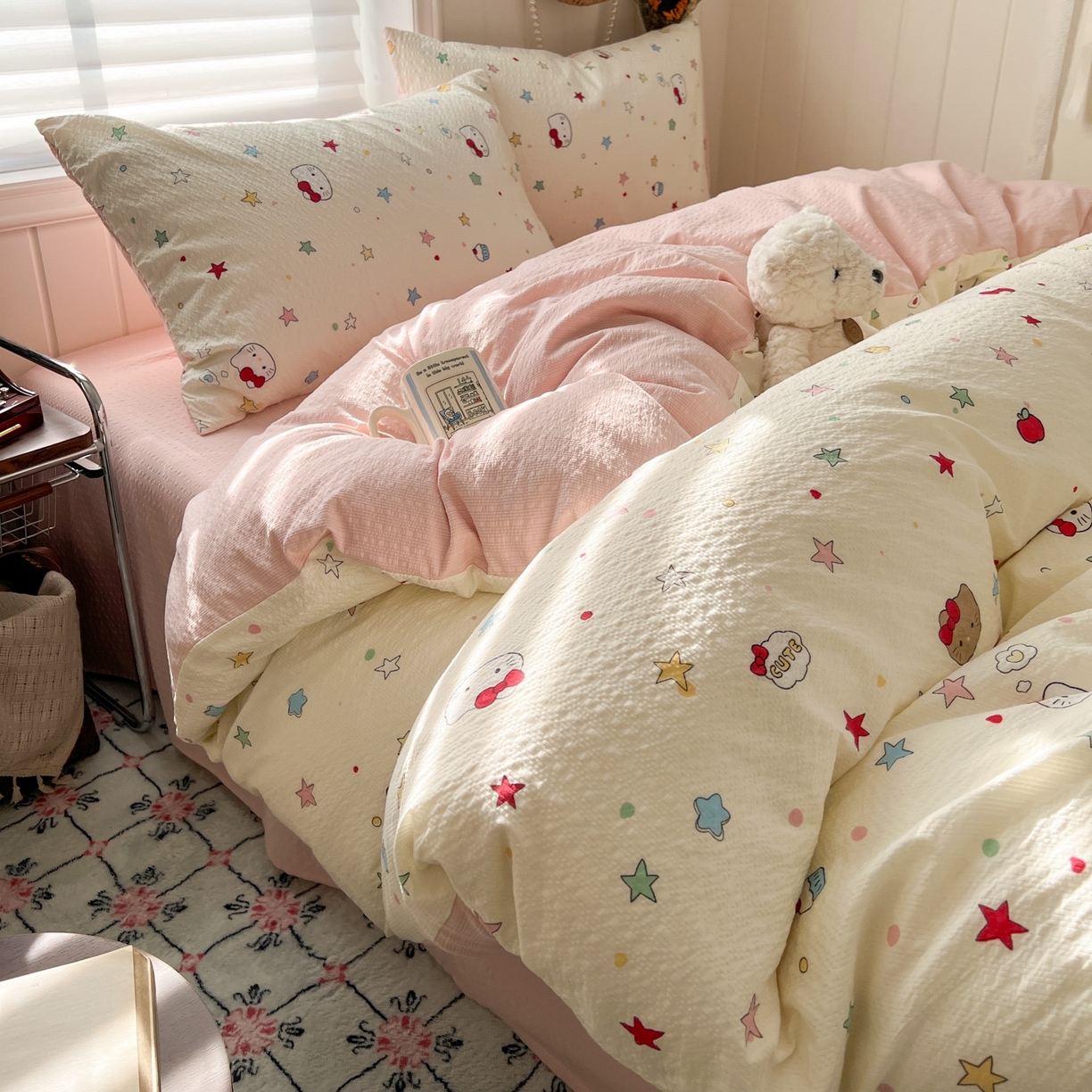 91家纺网 家纺一手货源 找家纺 水木坊 2026春夏新款高品质泡芙普通款四件套 星芒凯蒂