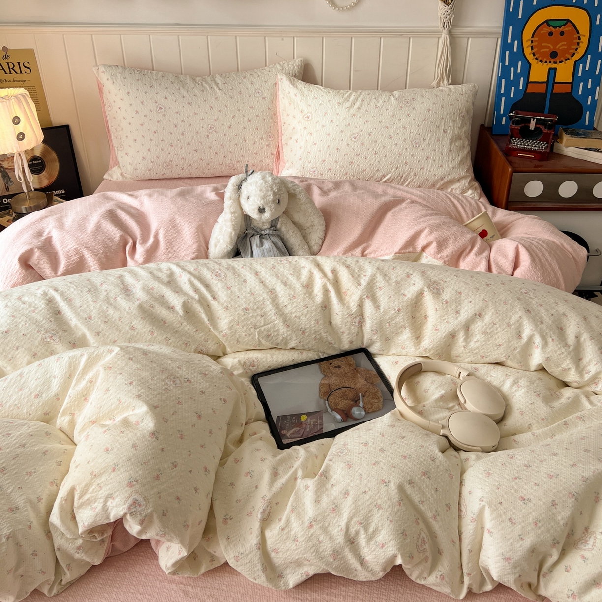 水木坊 2026春夏新款高品质泡芙普通款四件套 春日甜桃心-米