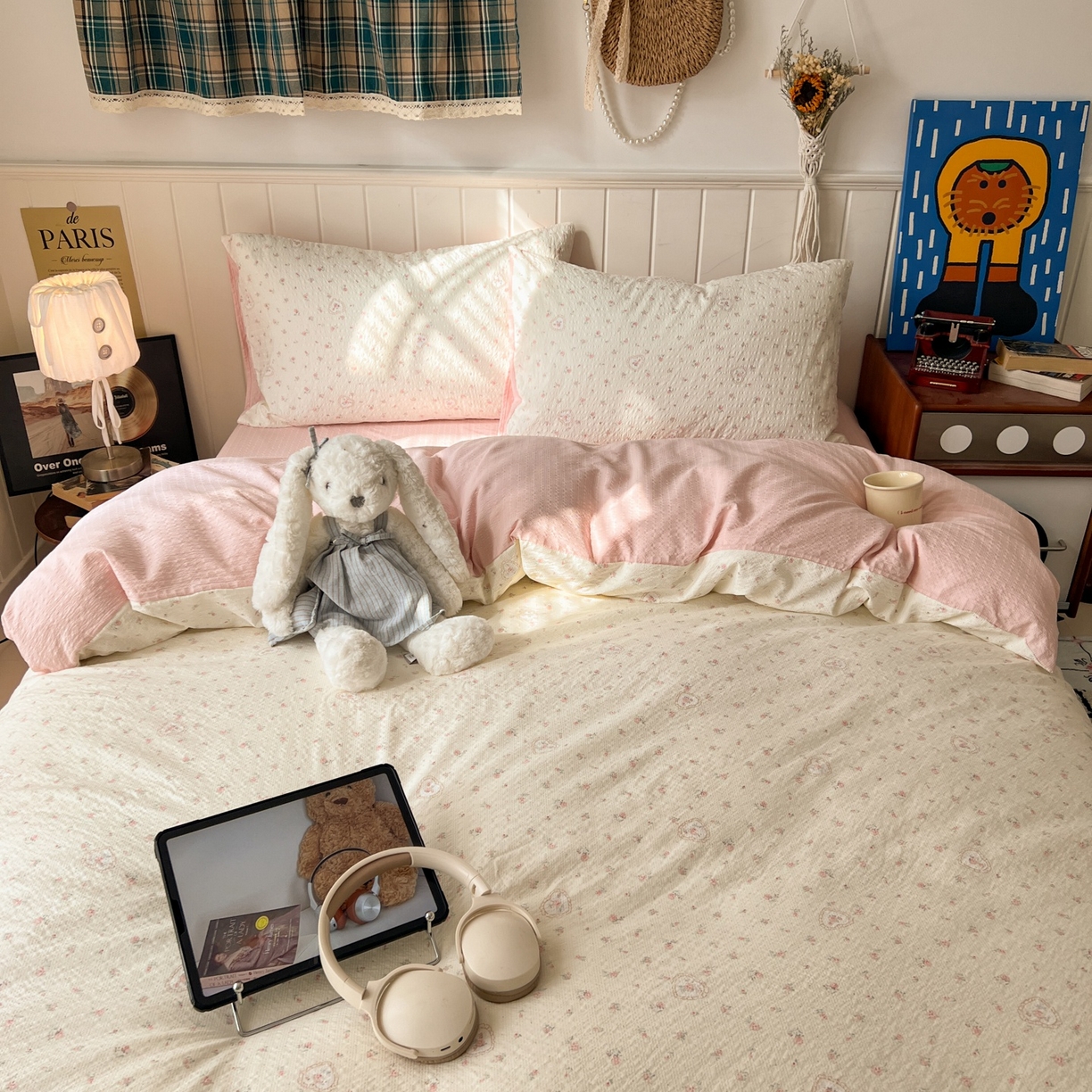 91家纺网 家纺一手货源 找家纺 水木坊 2026春夏新款高品质泡芙普通款四件套 春日甜桃心-米