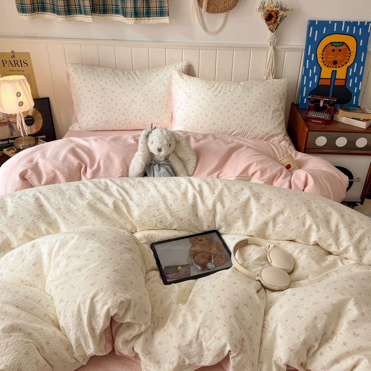 91家纺网 家纺一手货源 找家纺 水木坊 2026春夏新款高品质泡芙普通款四件套 春日甜桃心-米