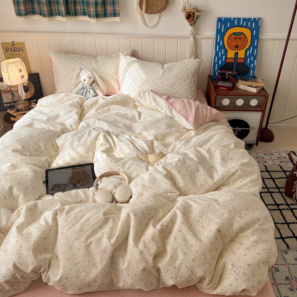 91家纺网 家纺一手货源 找家纺 水木坊 2026春夏新款高品质泡芙普通款四件套 春日甜桃心-米