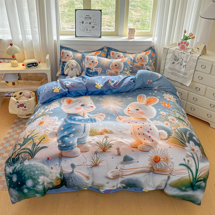 91家纺网 家纺一手货源 找家纺 （总）宝薇 2026春夏新款7D卡通加厚斜纹仿棉生态磨毛大版四件套