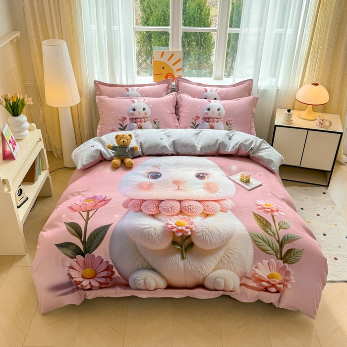 宝薇 2026春夏新款7D卡通加厚斜纹仿棉生态磨毛大版四件套 大白兔