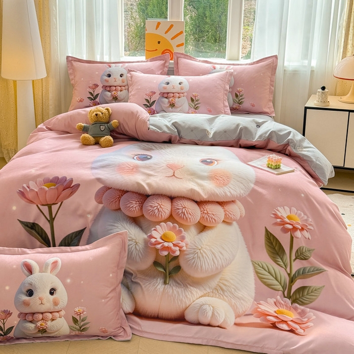 91家纺网 家纺一手货源 找家纺 宝薇 2026春夏新款7D卡通加厚斜纹仿棉生态磨毛大版四件套 大白兔