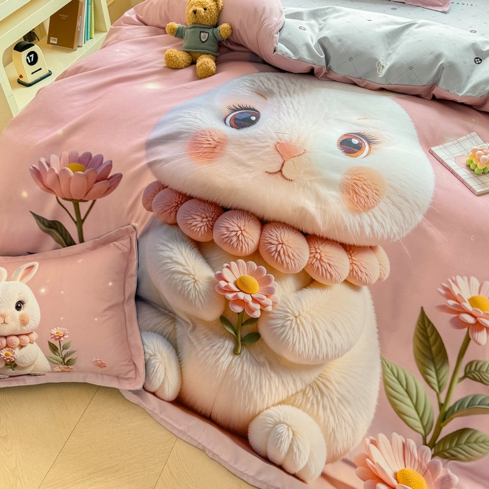 91家纺网 家纺一手货源 找家纺 宝薇 2026春夏新款7D卡通加厚斜纹仿棉生态磨毛大版四件套 大白兔