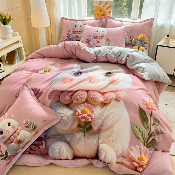 91家纺网 家纺一手货源 找家纺 宝薇 2026春夏新款7D卡通加厚斜纹仿棉生态磨毛大版四件套 大白兔