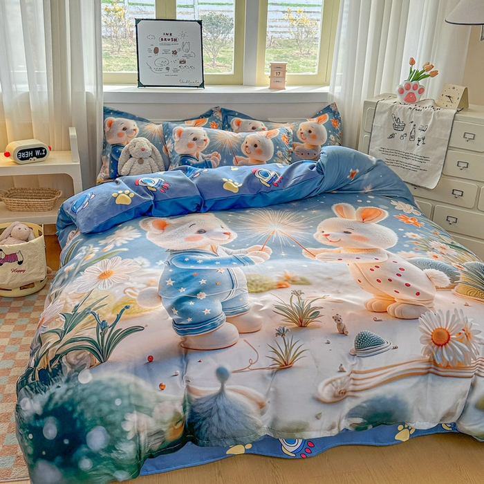 91家纺网 家纺一手货源 找家纺 宝薇 2026春夏新款7D卡通加厚斜纹仿棉生态磨毛大版四件套 繁星