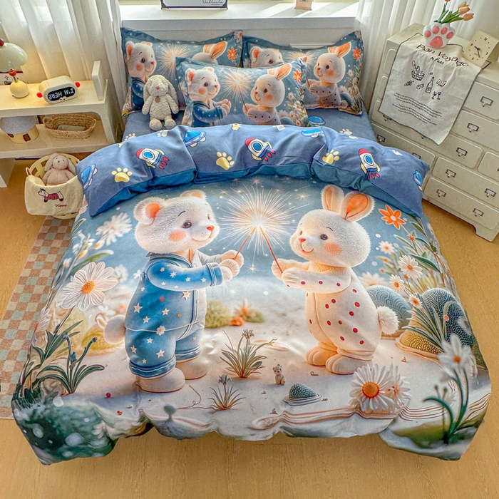 91家纺网 家纺一手货源 找家纺 宝薇 2026春夏新款7D卡通加厚斜纹仿棉生态磨毛大版四件套 繁星