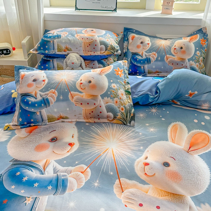 91家纺网 家纺一手货源 找家纺 宝薇 2026春夏新款7D卡通加厚斜纹仿棉生态磨毛大版四件套 繁星