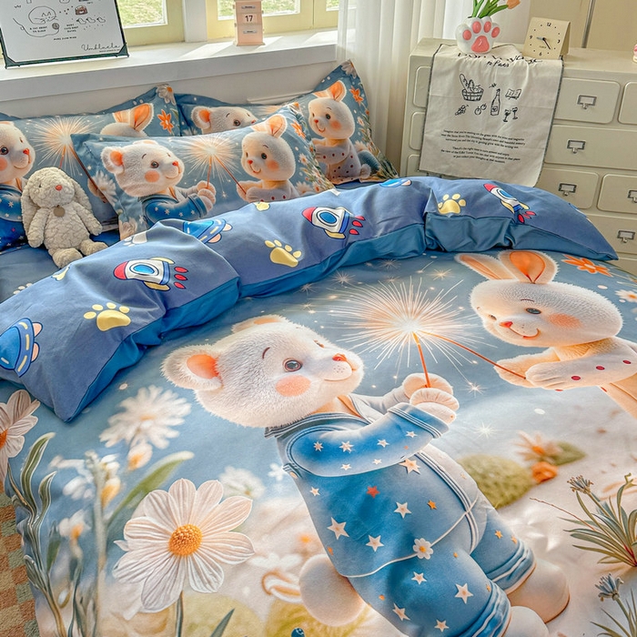 91家纺网 家纺一手货源 找家纺 宝薇 2026春夏新款7D卡通加厚斜纹仿棉生态磨毛大版四件套 繁星