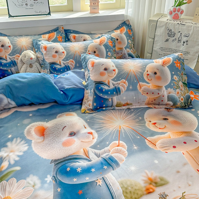 91家纺网 家纺一手货源 找家纺 宝薇 2026春夏新款7D卡通加厚斜纹仿棉生态磨毛大版四件套 繁星