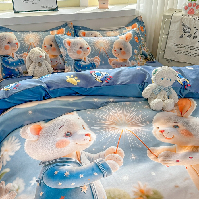 91家纺网 家纺一手货源 找家纺 宝薇 2026春夏新款7D卡通加厚斜纹仿棉生态磨毛大版四件套 繁星